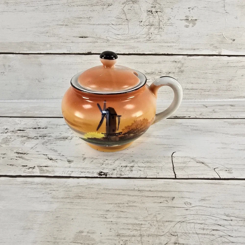 Vintage Noritake‎ Hand Painted Windmill Sugar Bowl with Lid Made in Japan Sunset